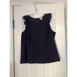 J Crew Swiss Dot Sleeveless Ruffle Neck Blouse Top‎ Size 6 Navy Blue Lined